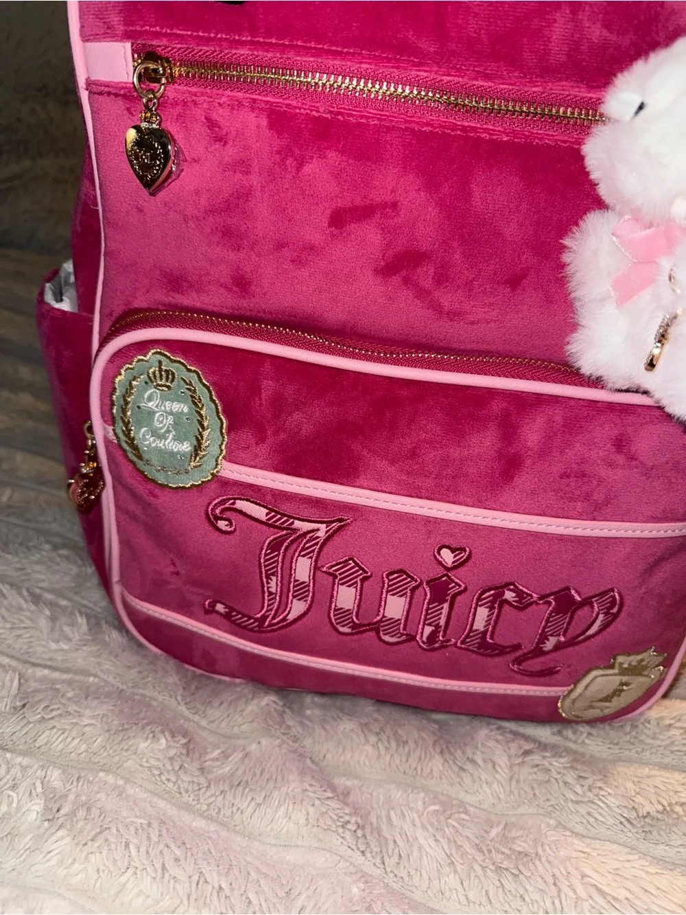 Juicy Couture Pink Velour Backpack with Plush Charm and Mini Purse